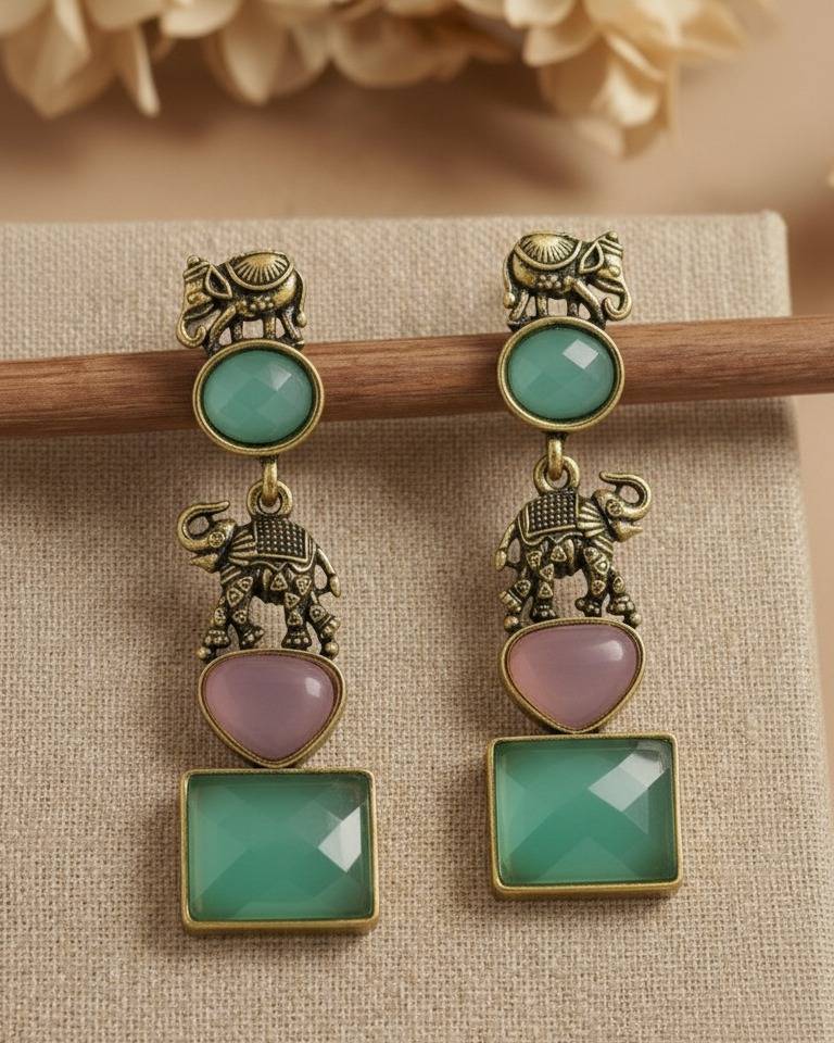 Antique Gold Elephant Design Long Drop Earrings : ORP106Light(GreenPink)