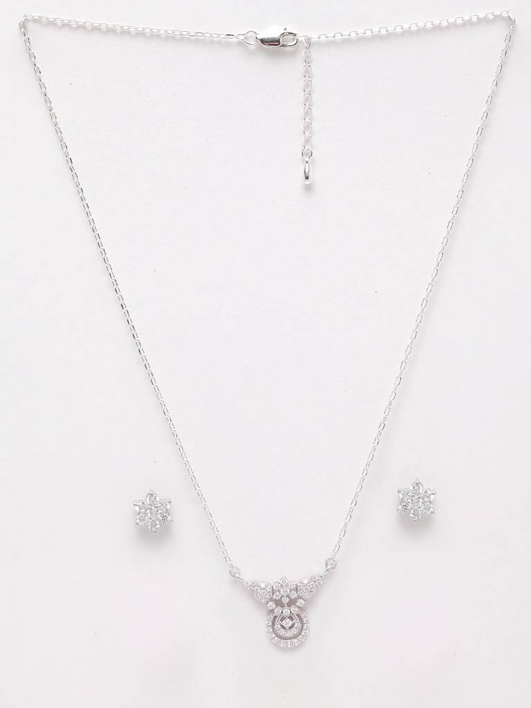 925 Sterling Silver Rhodium Plated Aria Pendant Earring Necklace Set With Chain Gift For Women And Girls : CSWZMP63ME52_SCH