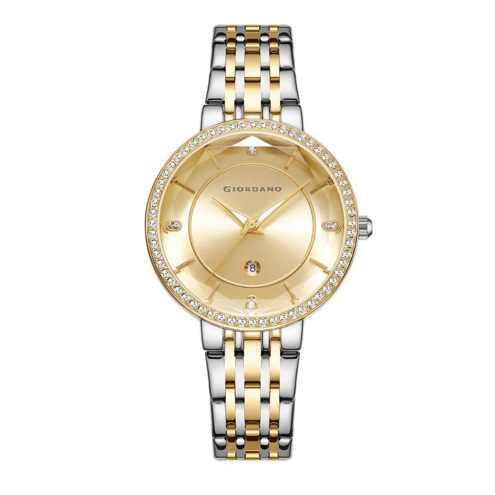 Giordano Stylish Analog Watch For Women – Round Cut Glass Dial,Diamond Studed Bezel, Stainess Steel Strap And Da : GZ-60110-33