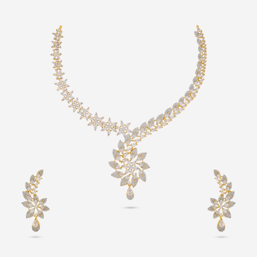 White Rhodium-Gold Plated - Party Wear Zircon Necklace - 456913 : 456913