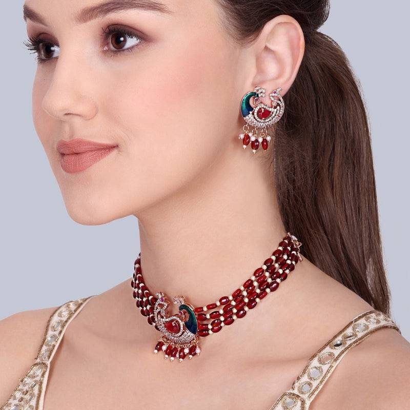 Traditional Peacock Design Cz Stone Beaded Choker Set : AD-935-RGRBNKER