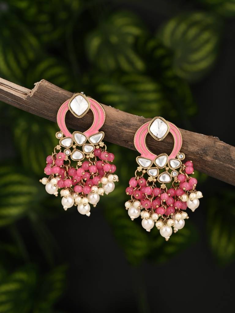 Gold-Plated Meenakari Stud Earrings With Kundan & Pearl Cluster Drops : S24FAER408PNK