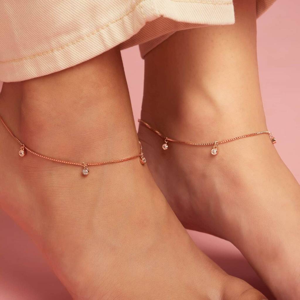 Drop Cz Rose Gold Plated 925 Sterling Silver Anklet : ANK-60103-PAIR