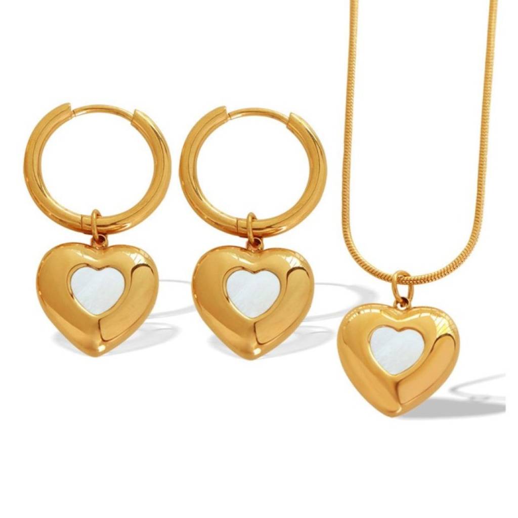 18K Gold Plated Waterproof, Anti-Tarnish Heart Pendant Necklace And Earrings Set : AOU0125PS180GC