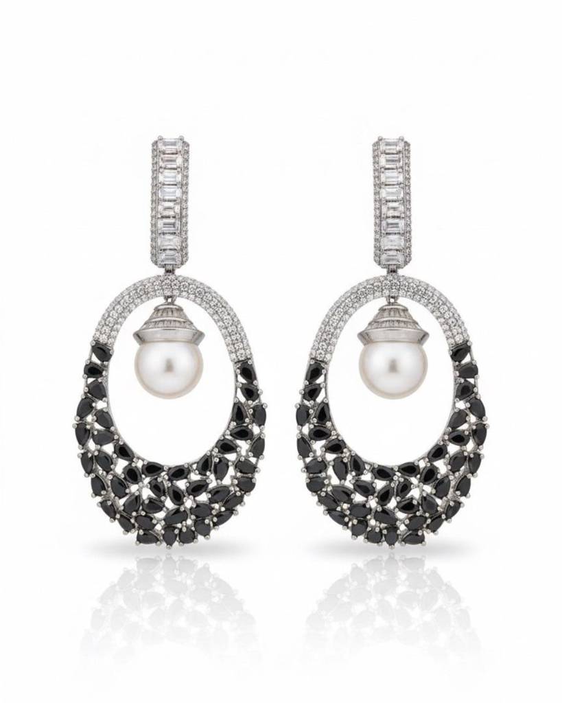 Noir Pearl Halo Earrings (Rhodium Finish) : sis40