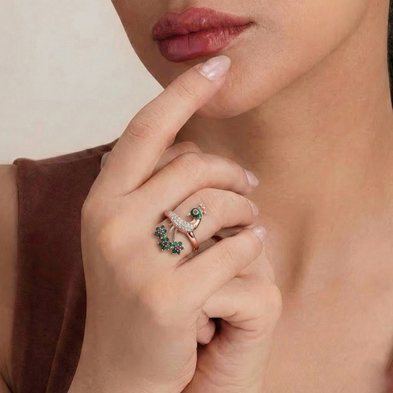 Peacock Adjustable Ring With Cz Stones – Statement Finger Ring : AD-204-RGGNRING