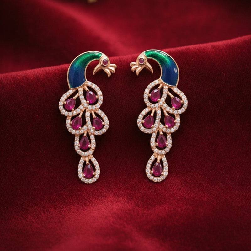 Classic Peacock Elegance Drop Earrings With Stone Embellishment| Occasion Wear : AD-918RGRBEER
