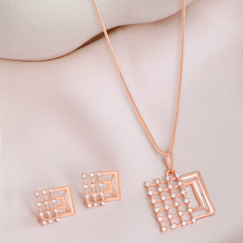 Square Chic Rose Gold Plated 925 Sterling Silver Jewelry Set : JS-70195-C-RG