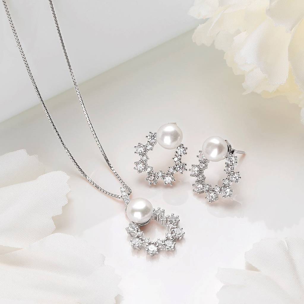 Floral Symphony Ensemble Rhodium-Plated 925 Sterling Silver Jewelry Set : JS-70058-C-R