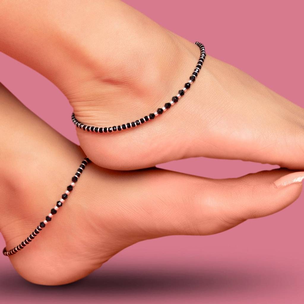 Black & White Beaded Stone 925 Sterling Silver Anklet : ANK-60085-PAIR