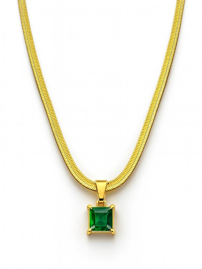 Emerald Stone Neckpiece | 18K Gold-Plated Stainless Steel Necklace : ATC702ESN