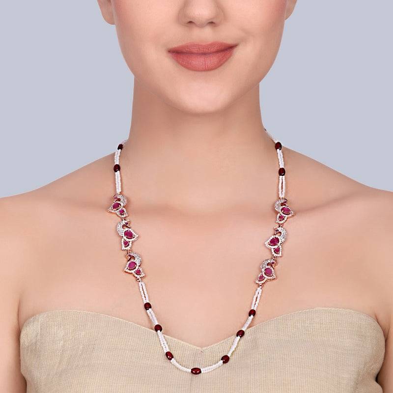 Elegant Ethnic Rose Gold Finish White Two Strand Necklace With Ruby Beads & Cz Peacock|Traditional Wear : AD-921-RGRBNK