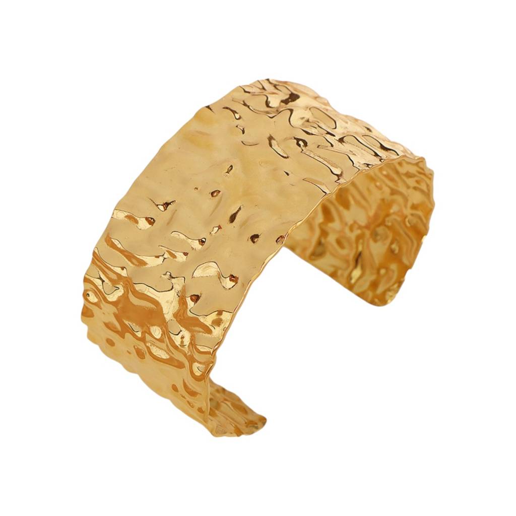 18K Gold Plated Waterproof, Anti-Tarnish Chunky Hammered Cuff Bangle Bracelet : AOU0125B21G