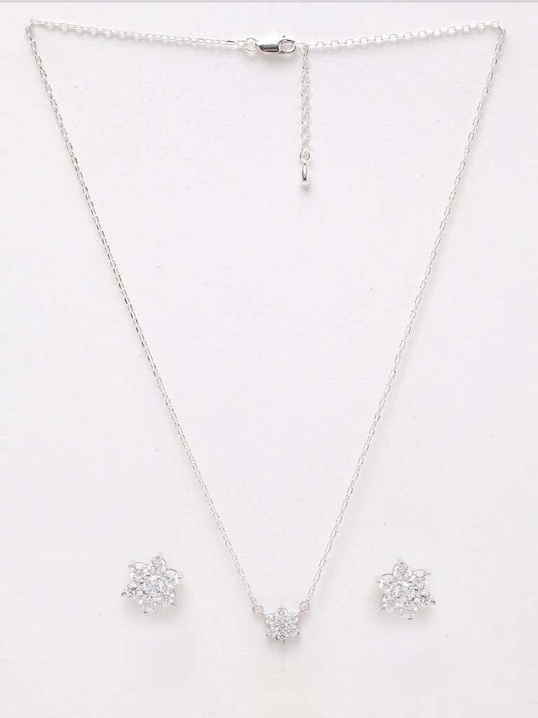 925 Sterling Silver Rhodium Plated Star Pendant Earring Necklace Set With Chain Gift For Women And Girls : CSWZMP52ME52_SCH