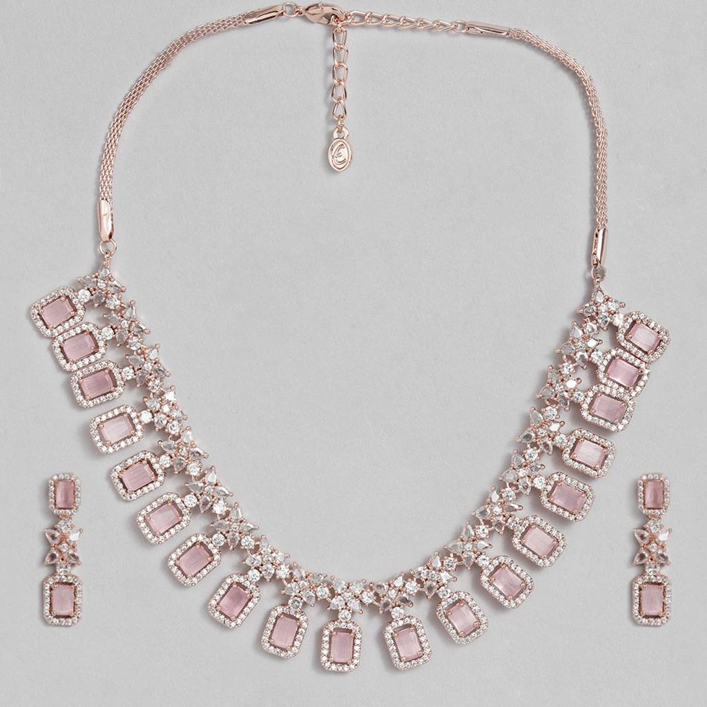 Estele Rose Gold Plated Cz Fascinating Necklace Set With Pink Crystals For Women : AD-712-RG-MPNKER