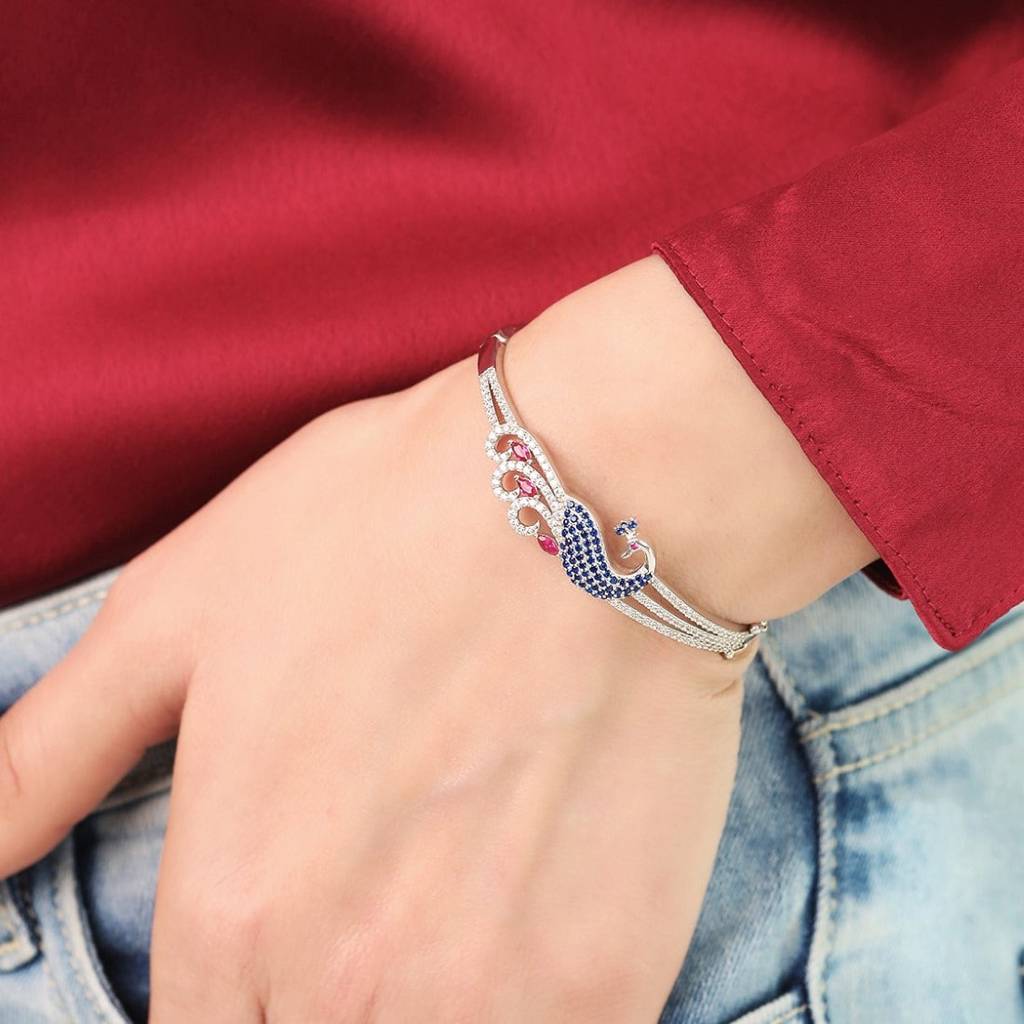 Regal Plumage Rhodium-Plated 925 Sterling Silver Peacock Bracelet : BR-80350-R