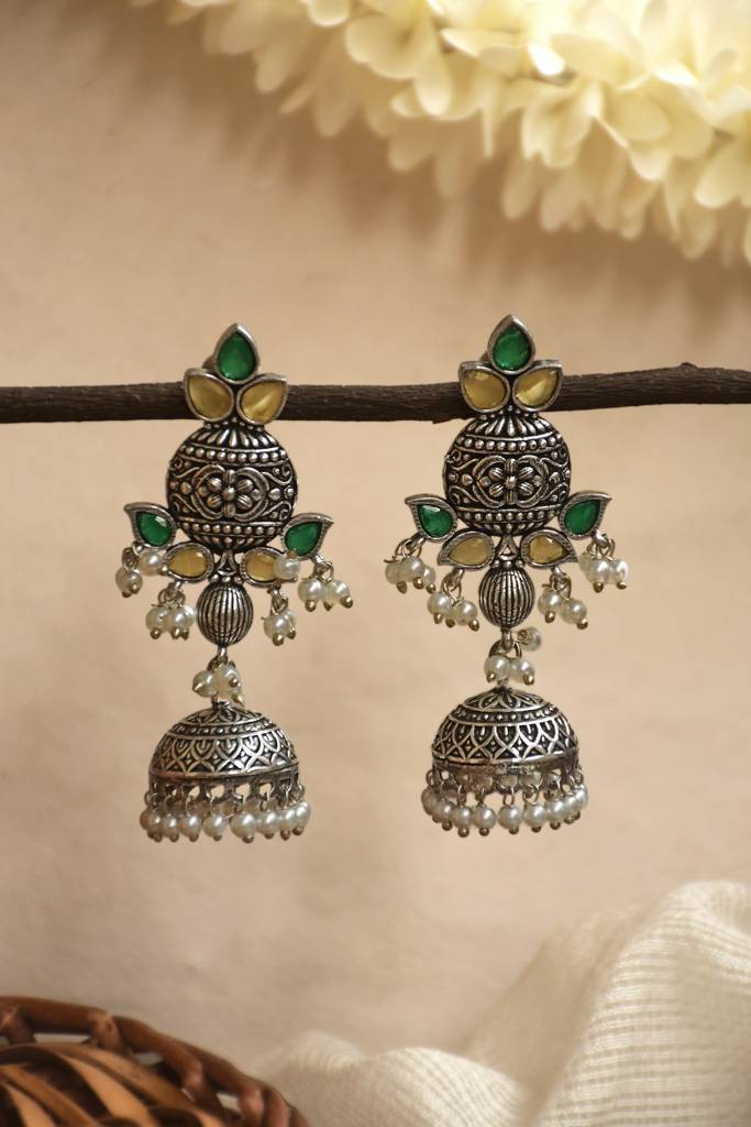 Oxidised Silver Aqua & Ruby Pearl Jhumkas : NA_ST_ER_231_2