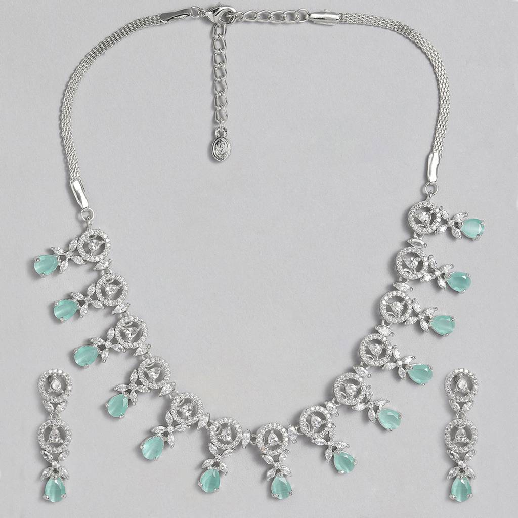Estele Rhodium Plated Cz Circular Designer Necklace Set With Mint Green Crystals For Women : AD-706-IR-MGNKER
