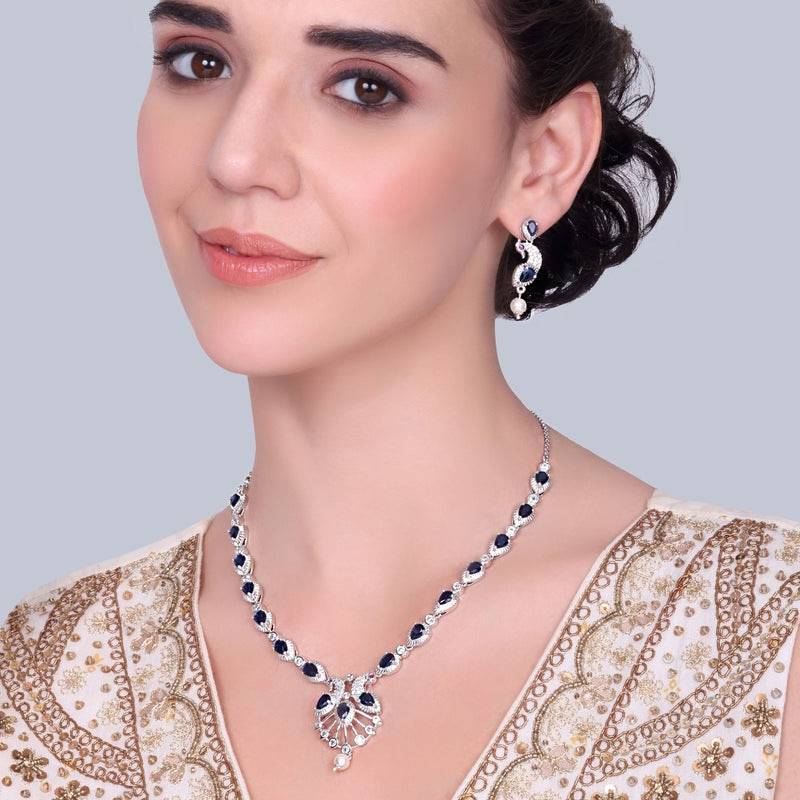 Morbagh Party Wear Dazzling Cz Necklace Set : AD-910-IRBLNKER