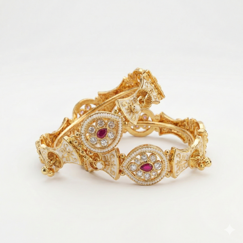 Exquisite Gold-Plated White Enamel (Meenakari) & Ruby Cz Bangles : BV-BG-1-24