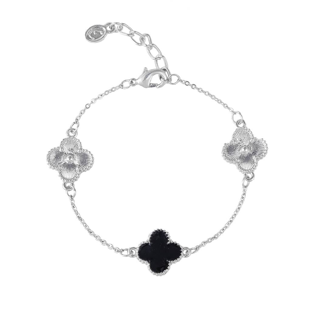 Estele Rhodium Plated Trendy Black Clover Leafy Style Adjustable Charm Bracelet For Women : 102183-IRBKBR