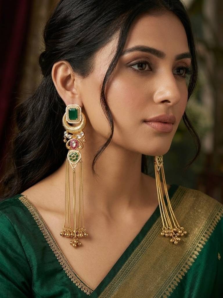 Gold-Plated Kundan And Stone Long Kashmiri Dangler Earrings : VI26EROX100345