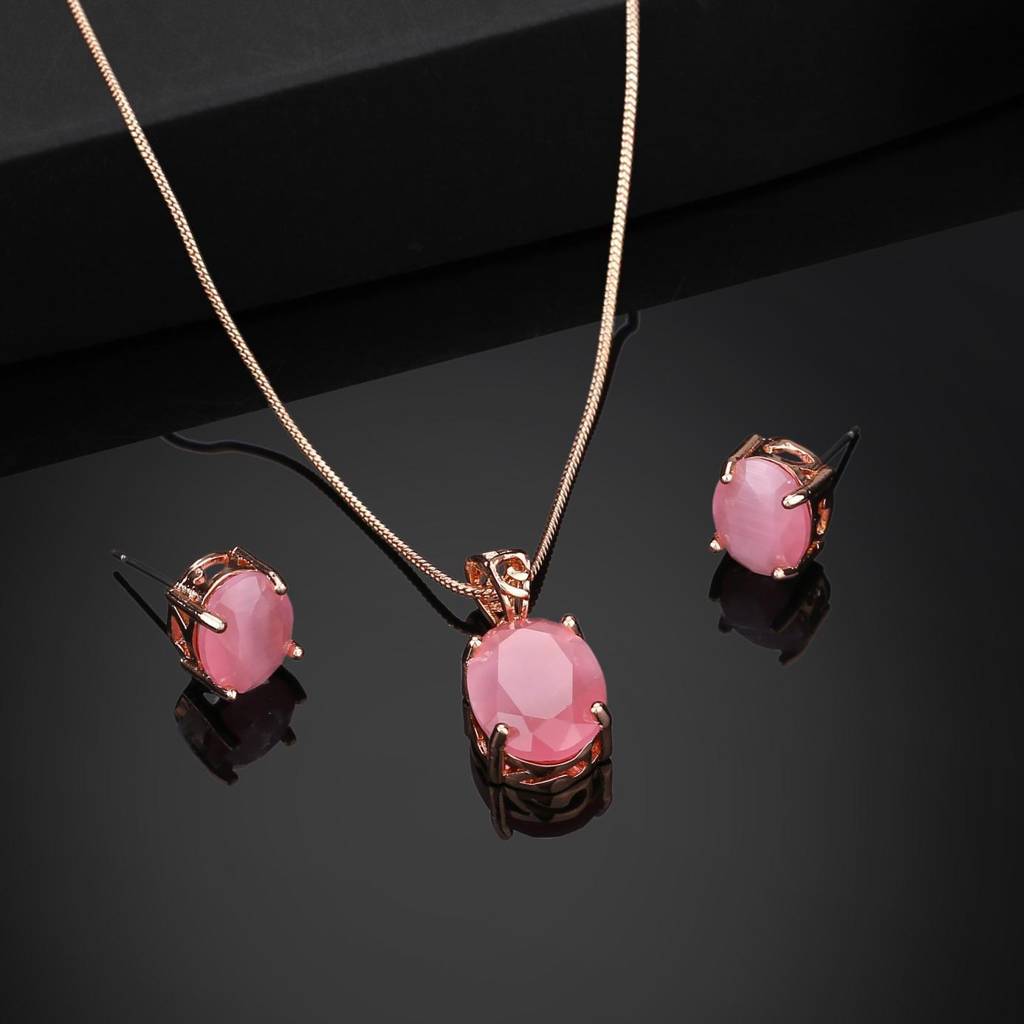 Estele Rose Gold Plated Cz Elegant Designer Pendant Set With Mint Pink Stones For Women