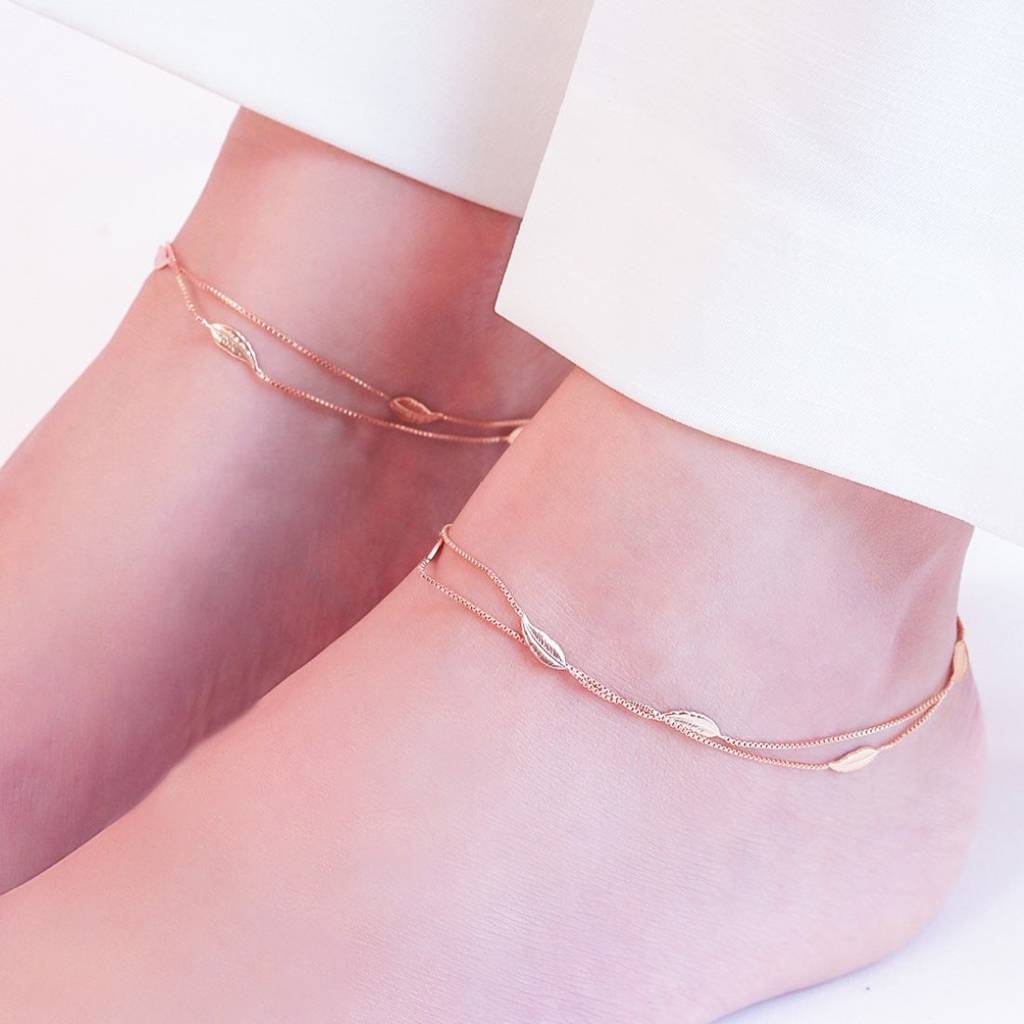 Graceful Foliage Rose Gold-Plated 925 Sterling Silver Leaf Anklet : ANK-60252-PAIR-RG