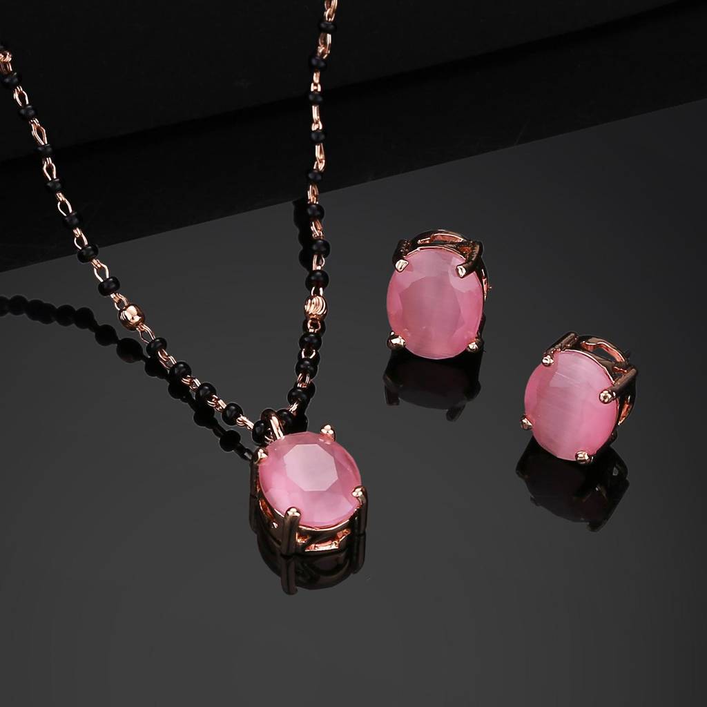 Estele Rose Gold Plated Cz Elegant Mangalsutra Necklace Set With Mint Pink  Stones For Women Brass Rose Gold