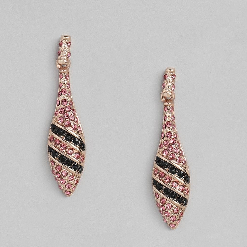 Estele Rosegold Plated Baton Designer Drop Earrings With Pink & Black Crystals For Women : 699703-IGER