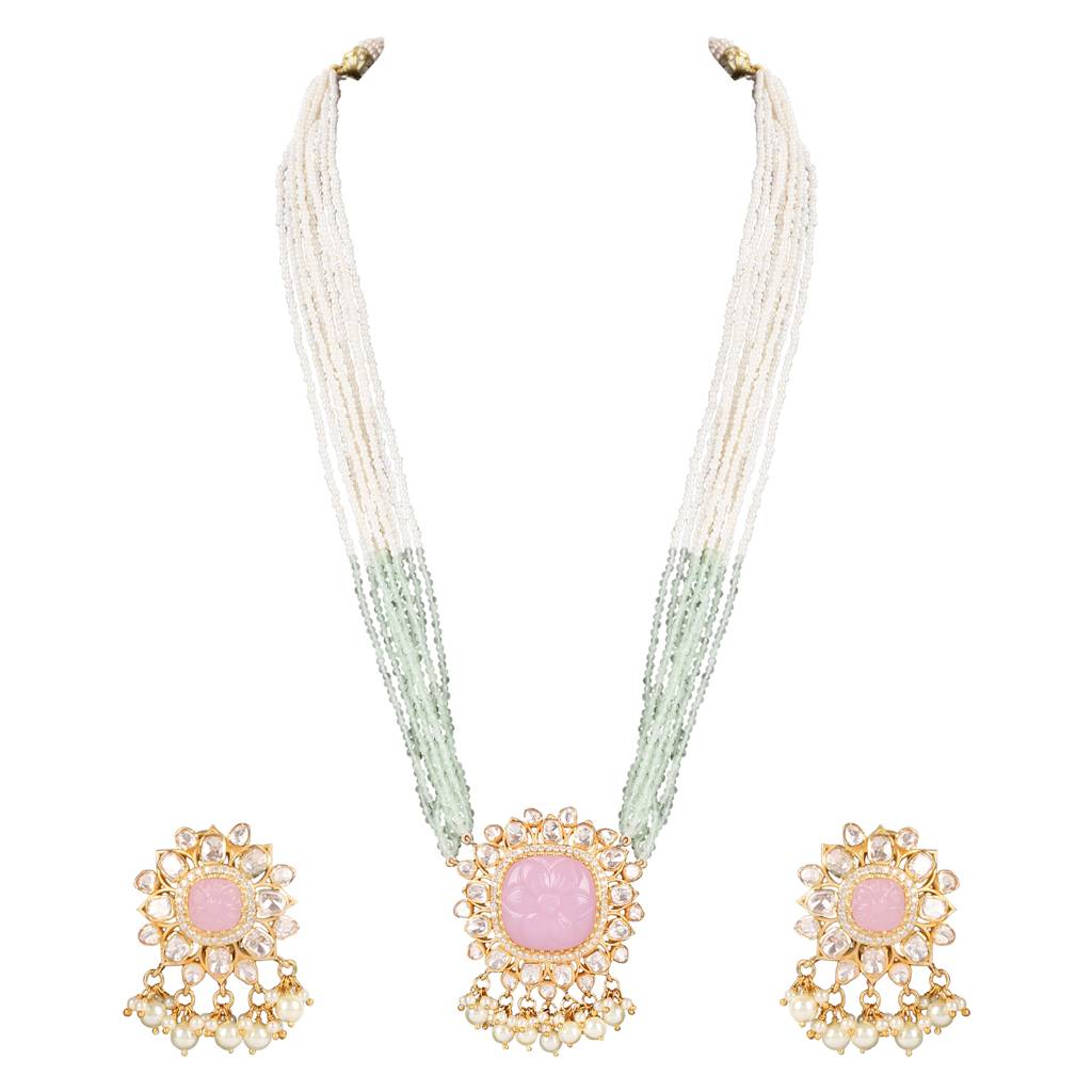 Moissanite Polki Rose Quartz Necklace Set : PJ74