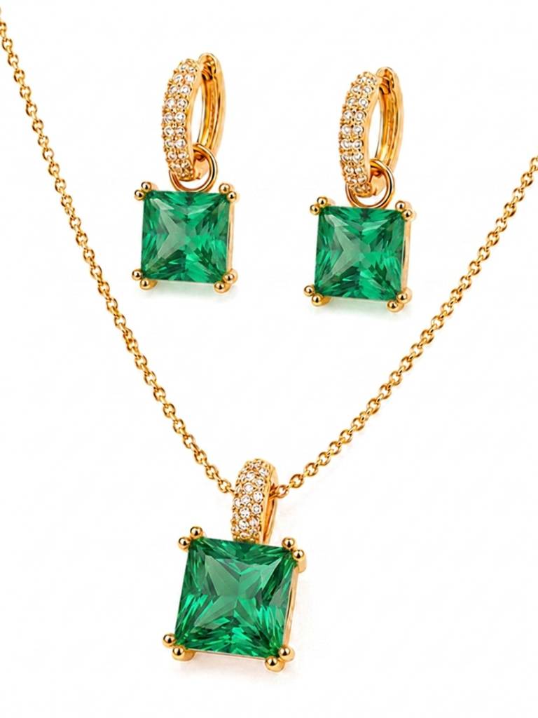 Square-Cut Pendant Necklace & Huggie Earring Set : SET1010EQSD