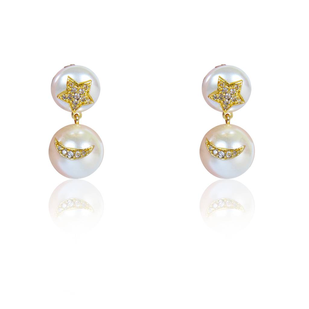 Star And Half Moon Pearl Earrings : IE895