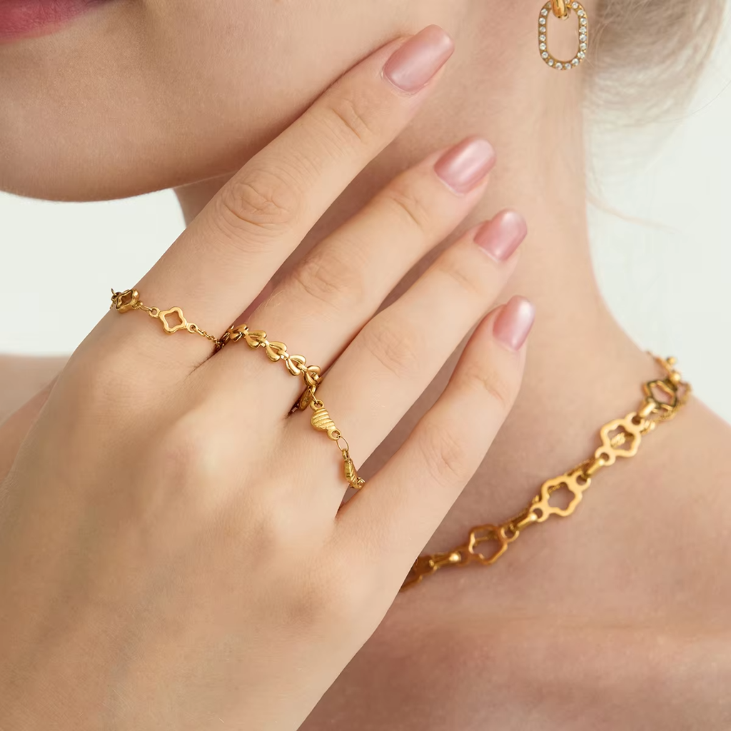 18K Gold Plated Anti-Tarnish Heart Adjustable Chain Ring : RIN-906
