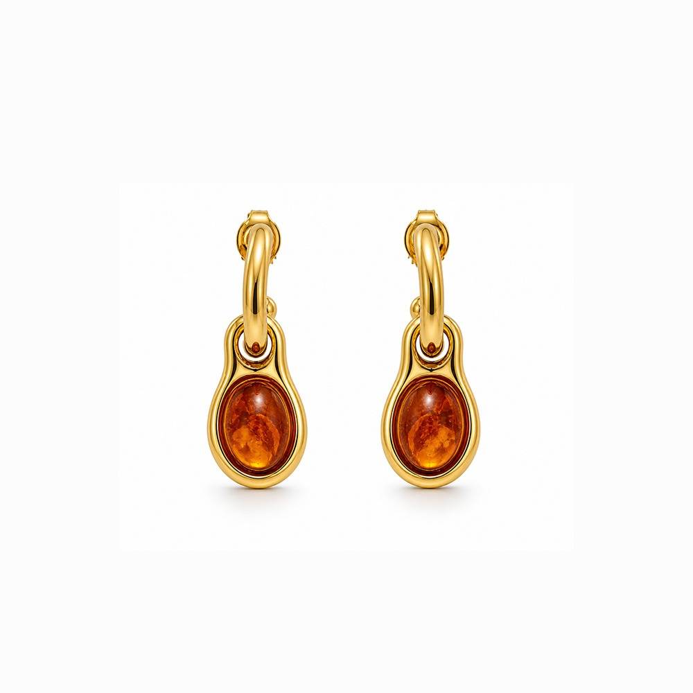Women 18K Gold-Plated Amber Oval Cabochon Drop Earrings : 101234