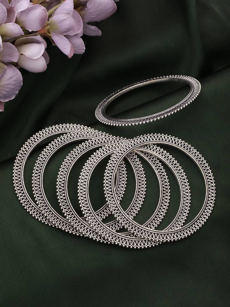Set Of 6 Oxidised Silver-Plated Oxidised Bangles Set -Ba-Js23-60061 : BA-JS23-60061