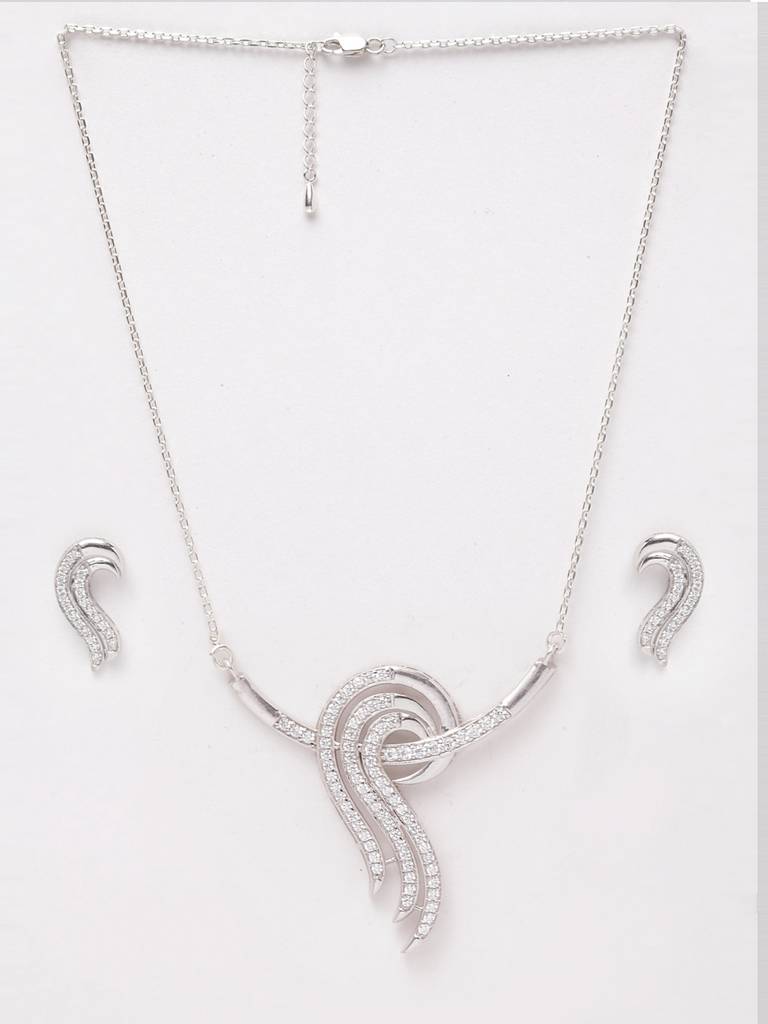 925 Sterling Silver Rhodium Plated Zoe Pendant Earring Necklace Set With Chain Gift For Women And Girls : CSWZMP60ME60_SCH