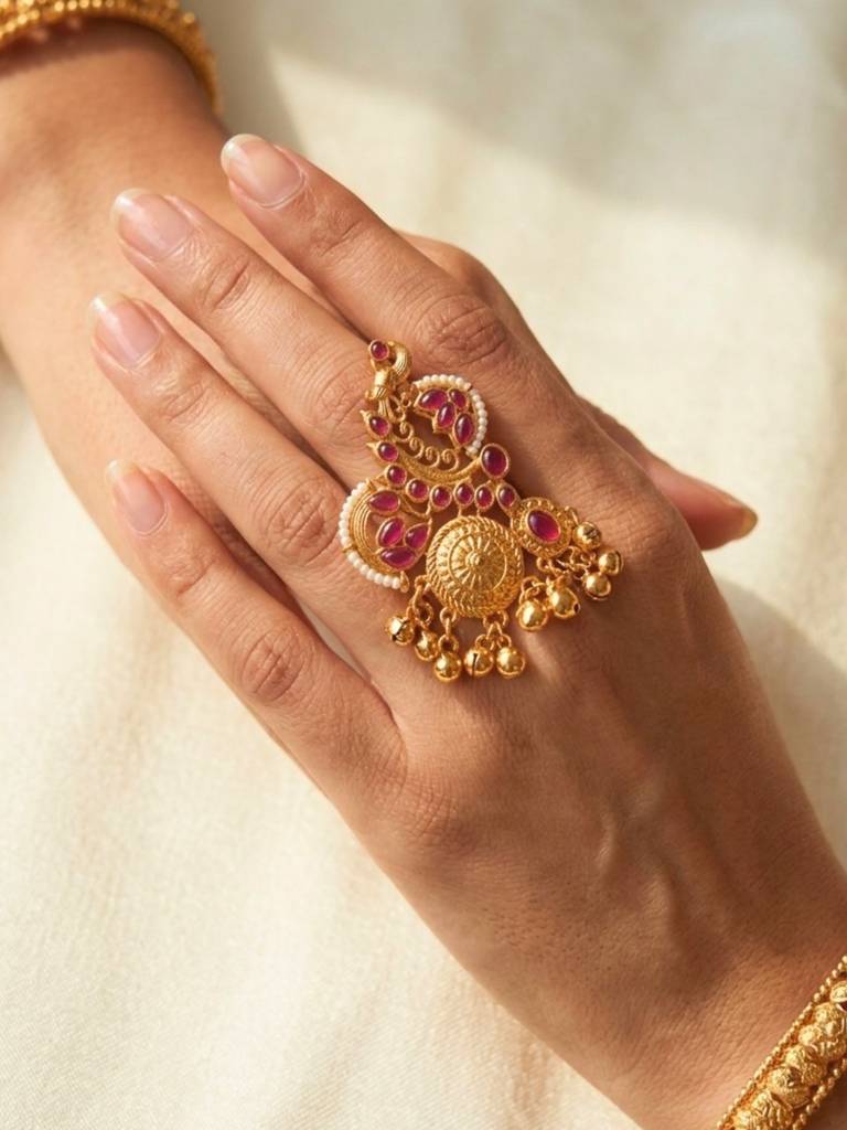 Gold-Plated Kundan Stones Ghungroo Adjustable Finger Ring : VI26RIAD1000033