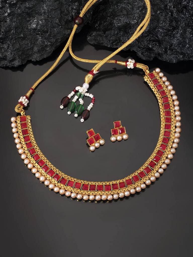 Peora Traditional Gold Plated Choker Necklace & Stud Earrings Jewellery Set For Women Girls : PF04N3391R
