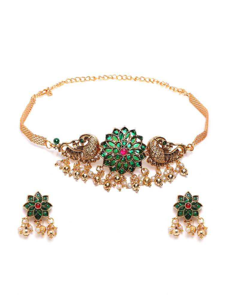 Â Gold Plated Floral Choker With Earrings Set : SATJS335GREEN