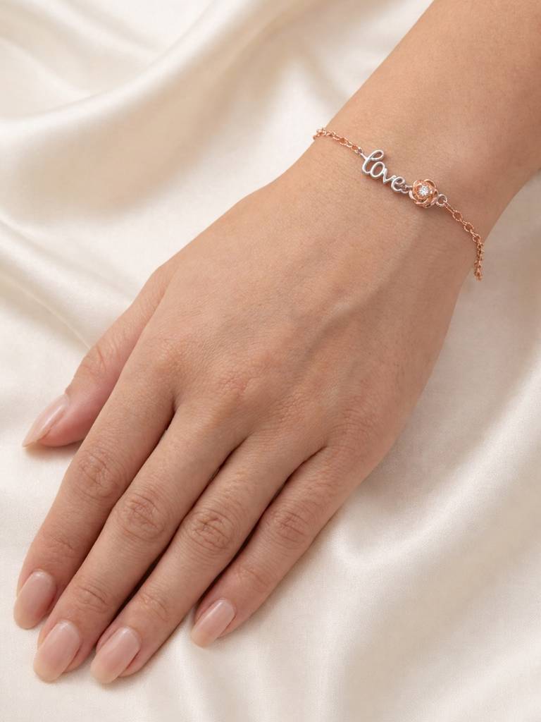 Two-Tone Rose & Love Script Bracelet : BR1150