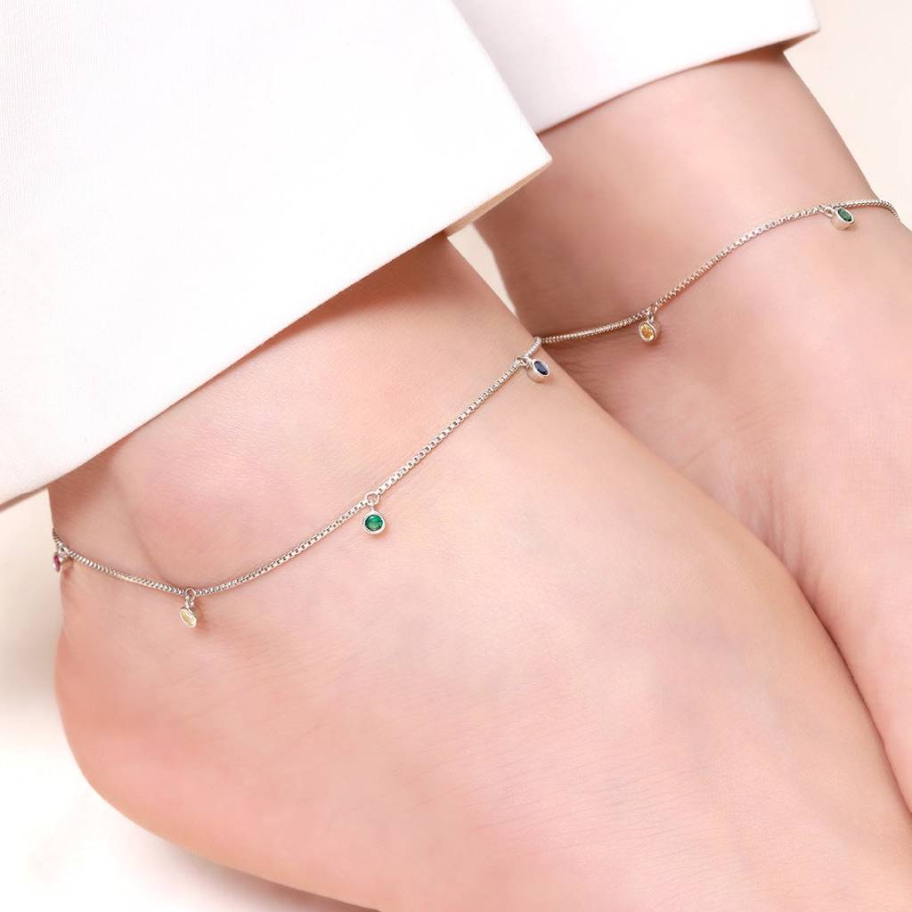 Multi Colour Drops Rhodium Plated 925 Sterling Silver Anklet : ANK-60238-PAIR
