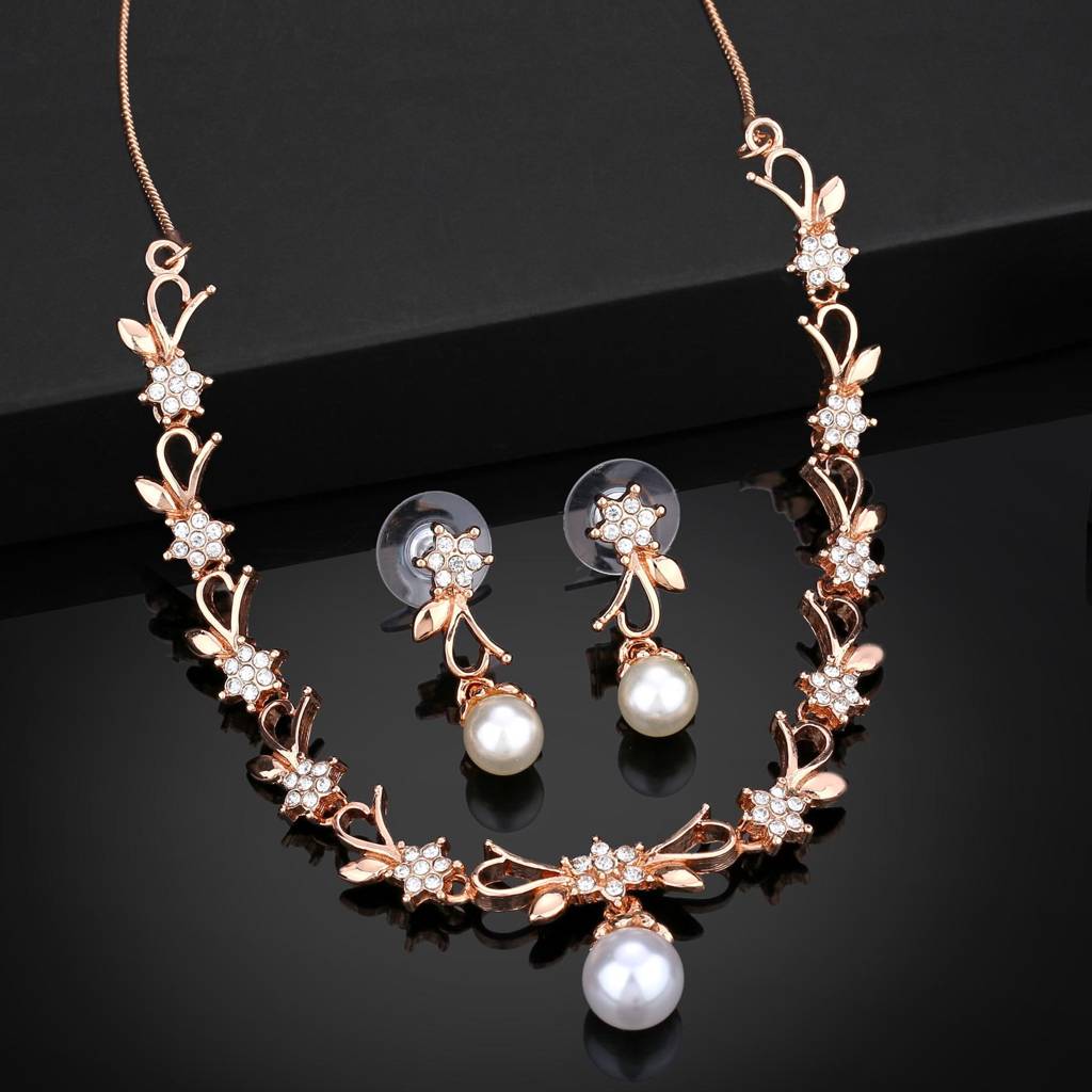 Estele Rose Gold Plated Elegant Blossom Designer Necklace Set With White Pearl For Women