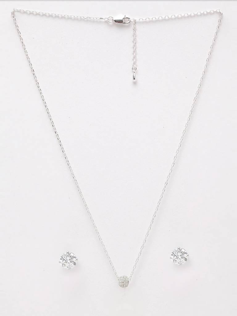 925 Sterling Silver Rhodium Plated Ball Pendant Earring Necklace Set With Chain Gift For Women And Girls : CSWZMP55ME51_SCH
