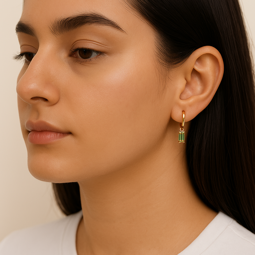 Birthstone Earrings For Women | Premium Baguette Huggies | August: Peridot : CJST201141408HS