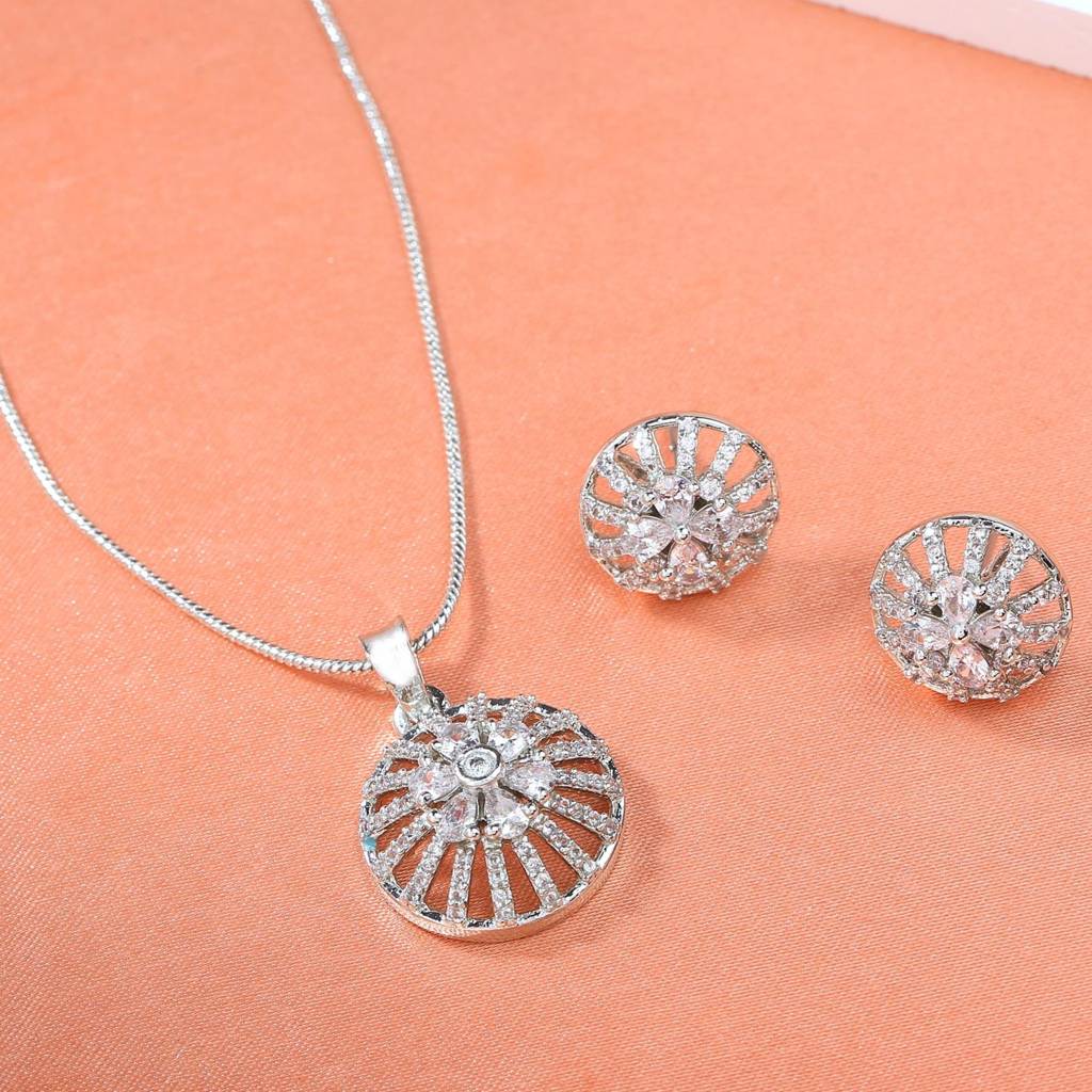 Estele Rhodium Plated Cz Flower Designer Pendant Set With White Stones For Women