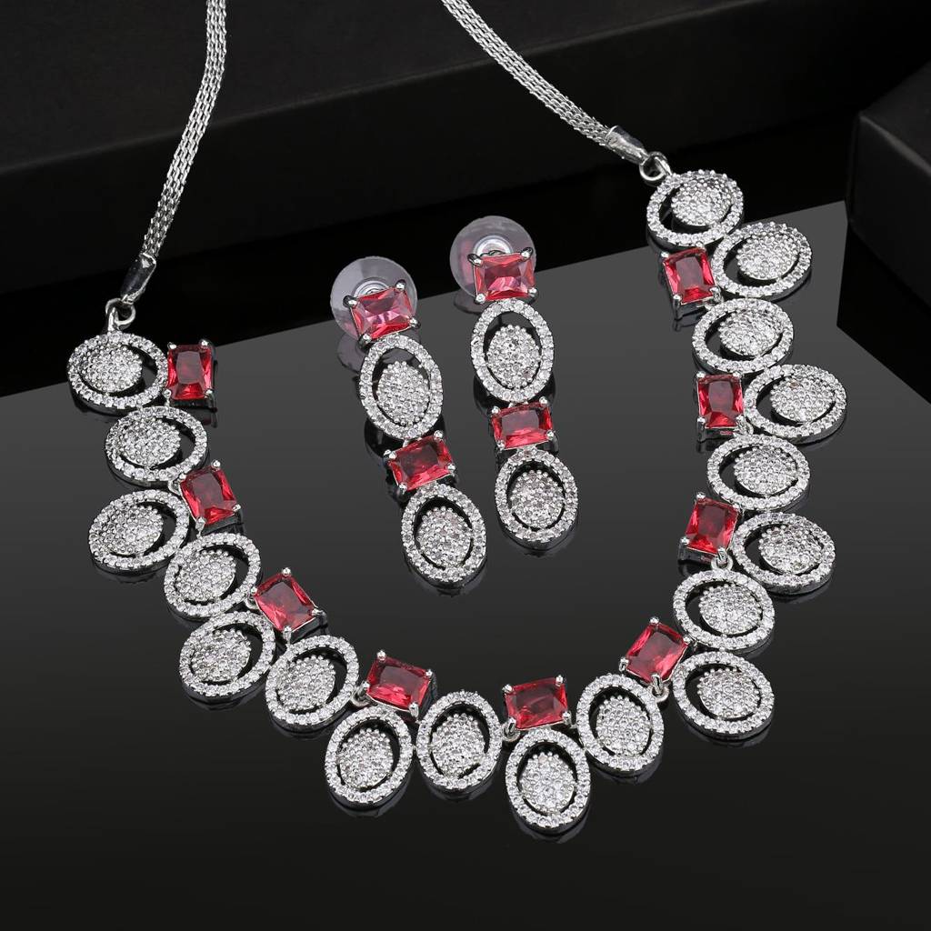 Estele Rhodium Plated Cz Circular Designer Necklace Set With Pink Crystals For Women