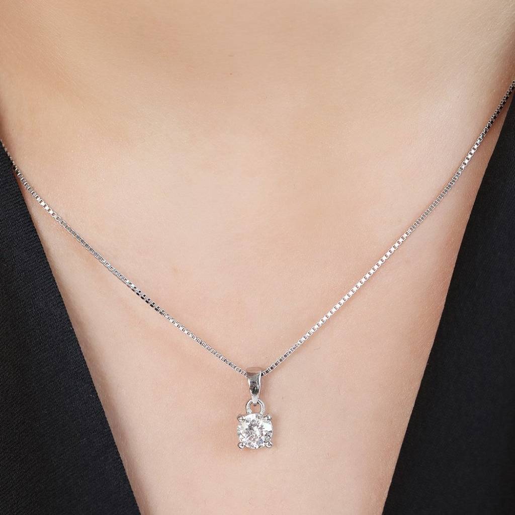 Solitaire 925 Silver Rhodium Plated Necklace Chain : PEN-30014-C