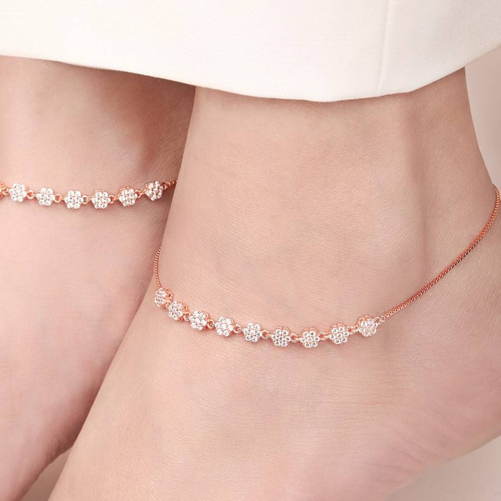 Blossom Brilliance Floral Cz Rose Gold Plated 925 Sterling Silver Anklet : ANK-60370-PAIR-RG
