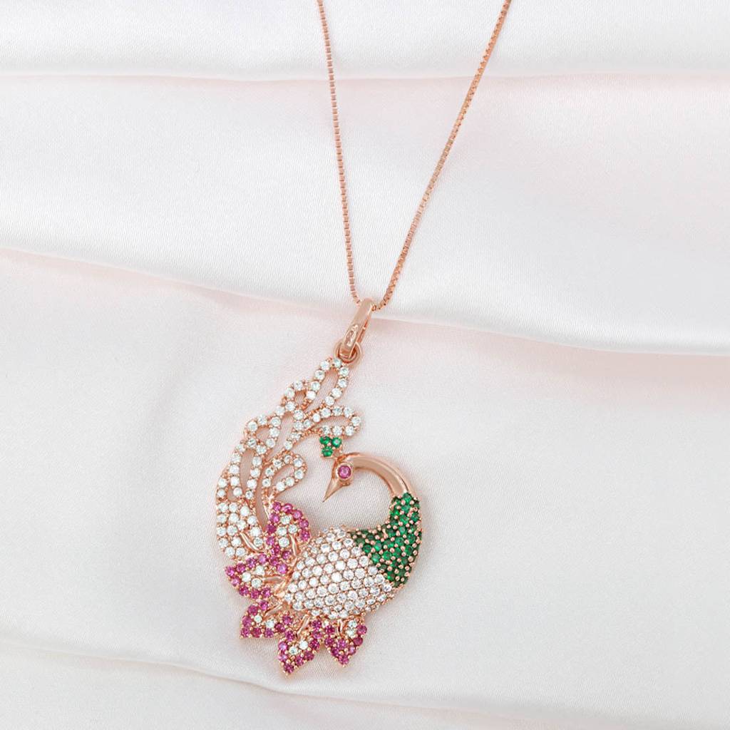 Regal Rose Gold-Plated 925 Sterling Silver Peacock Pendant : PEN-30065-C-RG